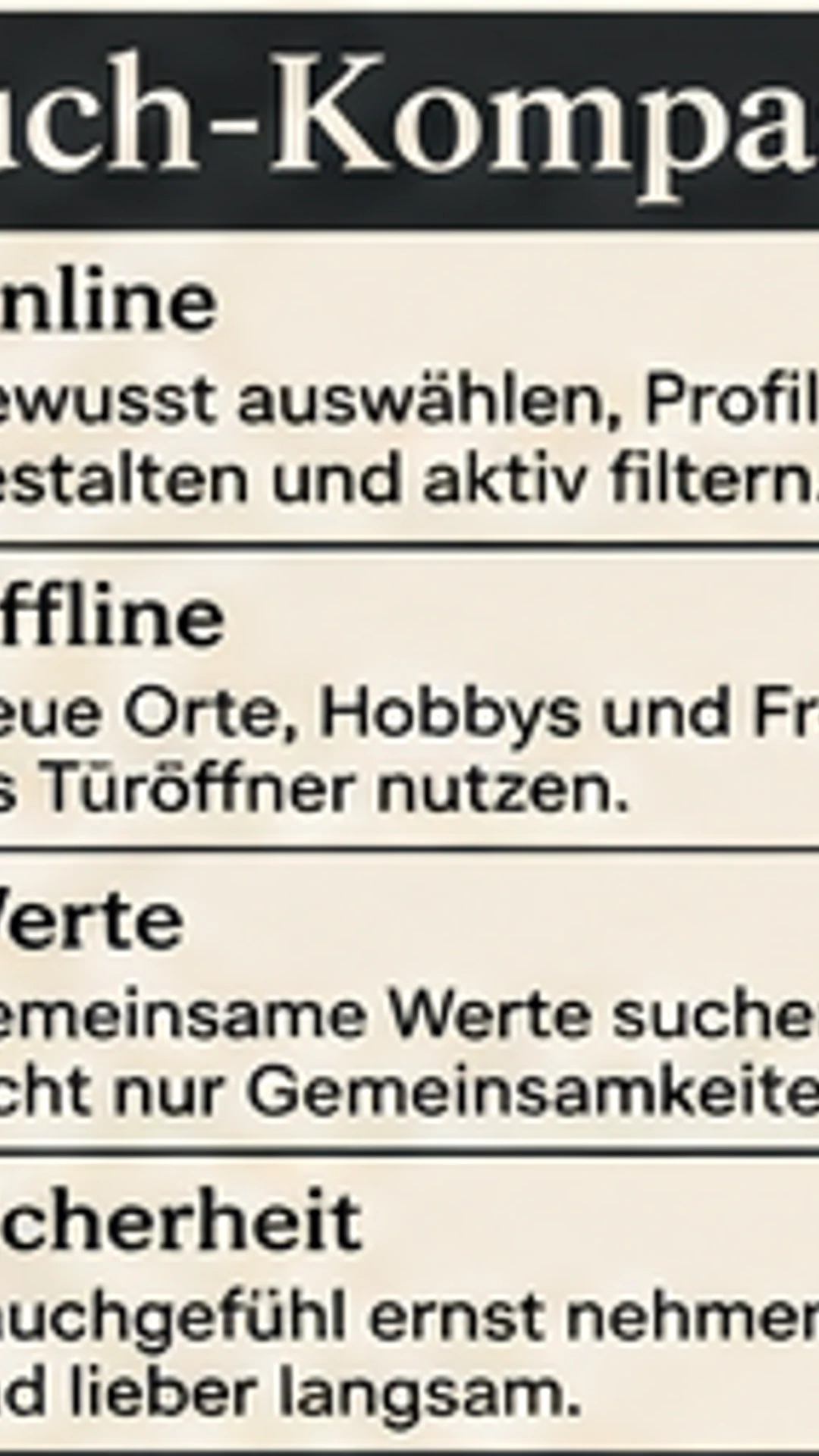 Dating und Suche: klarer wählen statt endlos swipen Such-Kompass für Online-Dating, Offline-Wege, Werte und Sicherheit