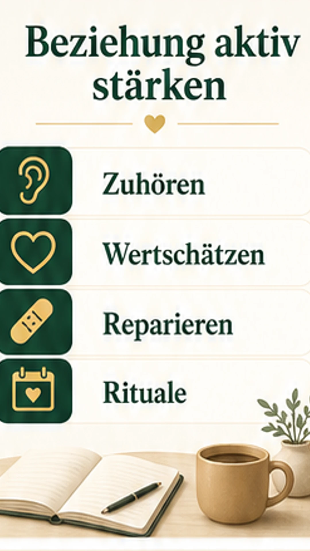 Beziehung aktiv stärken mit Zuhören, Wertschätzen, Reparieren und Ritualen