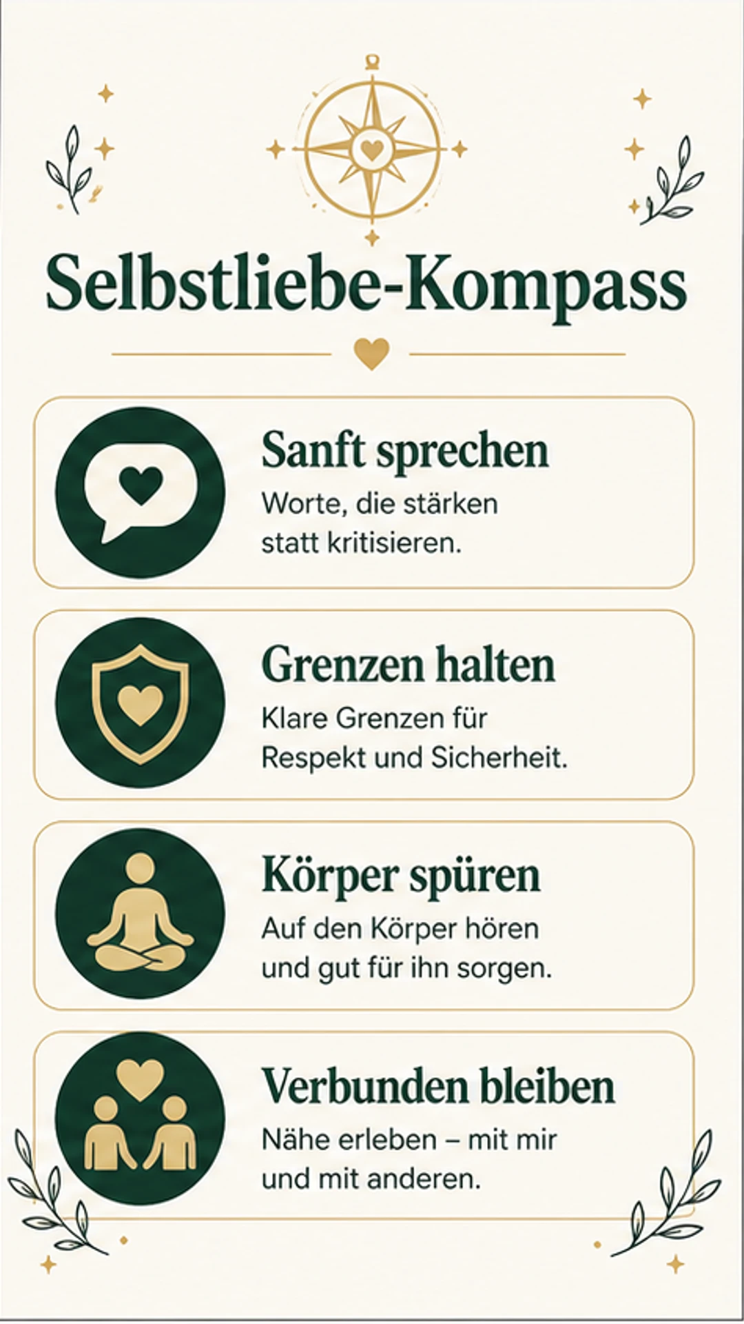 Selbstliebe Übungen: 12 Wege, die wirklich alltagstauglich sind Selbstliebe-Kompass mit sanft sprechen, Grenzen halten, Körper spüren und verbunden bleiben