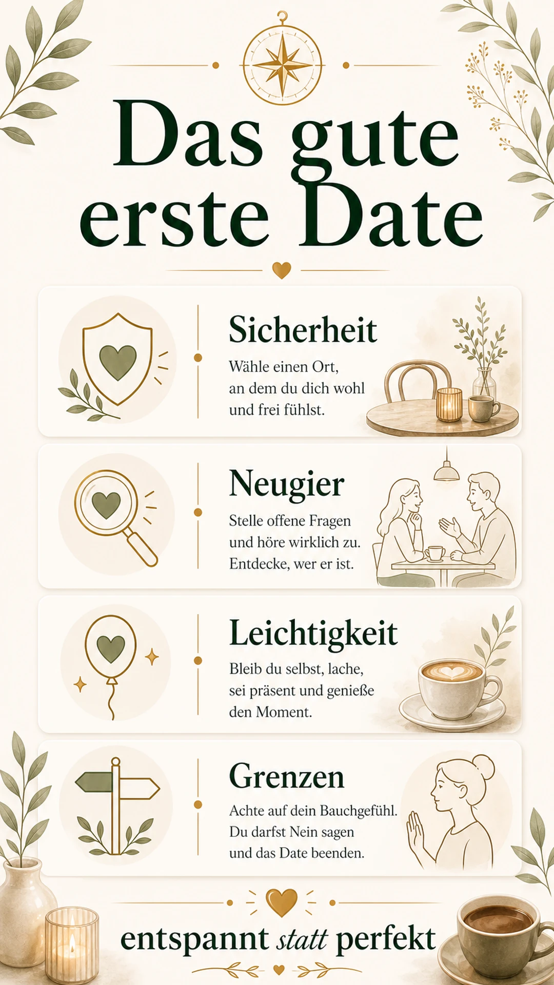 Erstes Date: Tipps für ein entspanntes, sicheres und echtes Treffen Das gute erste Date als Vier-Säulen-Kompass