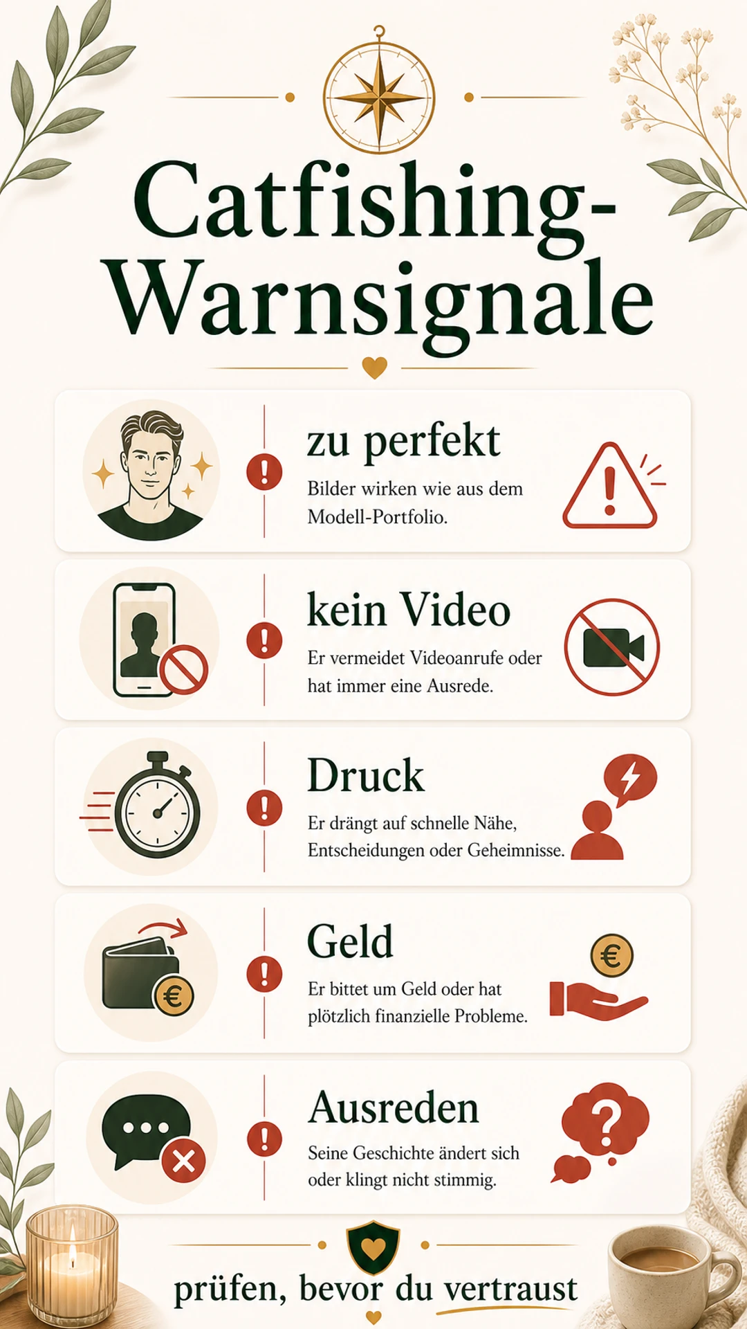 Catfishing vermeiden: Warnsignale, Checks und sichere nächste Schritte Catfishing-Warnsignale als Sicherheitsmatrix