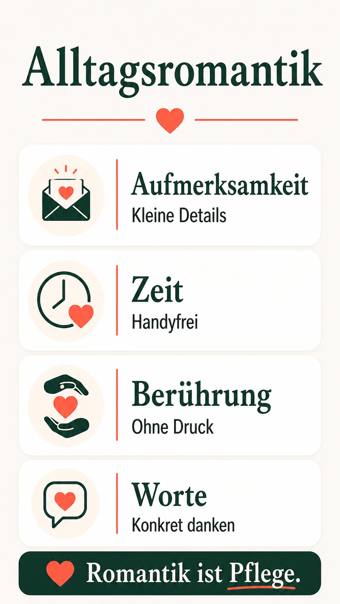 Romantik in die Beziehung bringen: kleine Rituale statt großer Druck Alltagsromantik durch Aufmerksamkeit, Zeit, Berührung und Worte