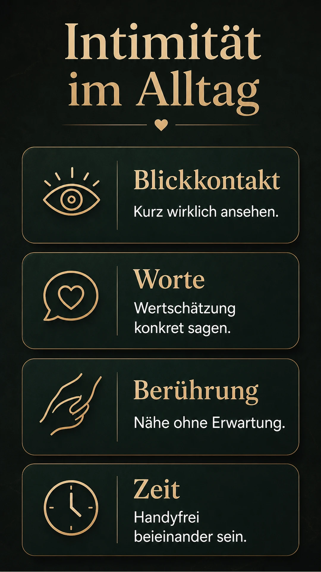 Mehr Intimität im Alltag: Nähe ohne Druck wieder spürbar machen Intimität im Alltag durch Blickkontakt, Worte, Berührung und Zeit
