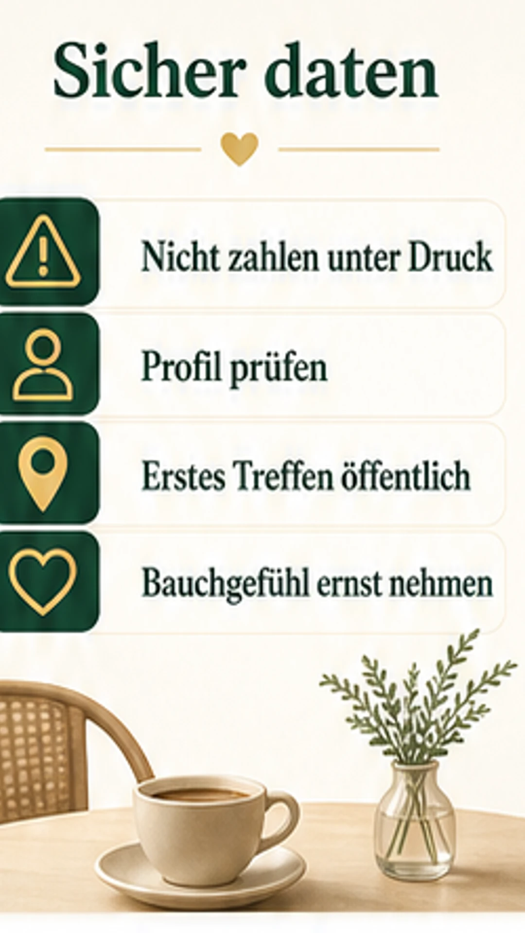 Sicher daten: nicht zahlen unter Druck, Profil prüfen, öffentlich treffen und Bauchgefühl ernst nehmen