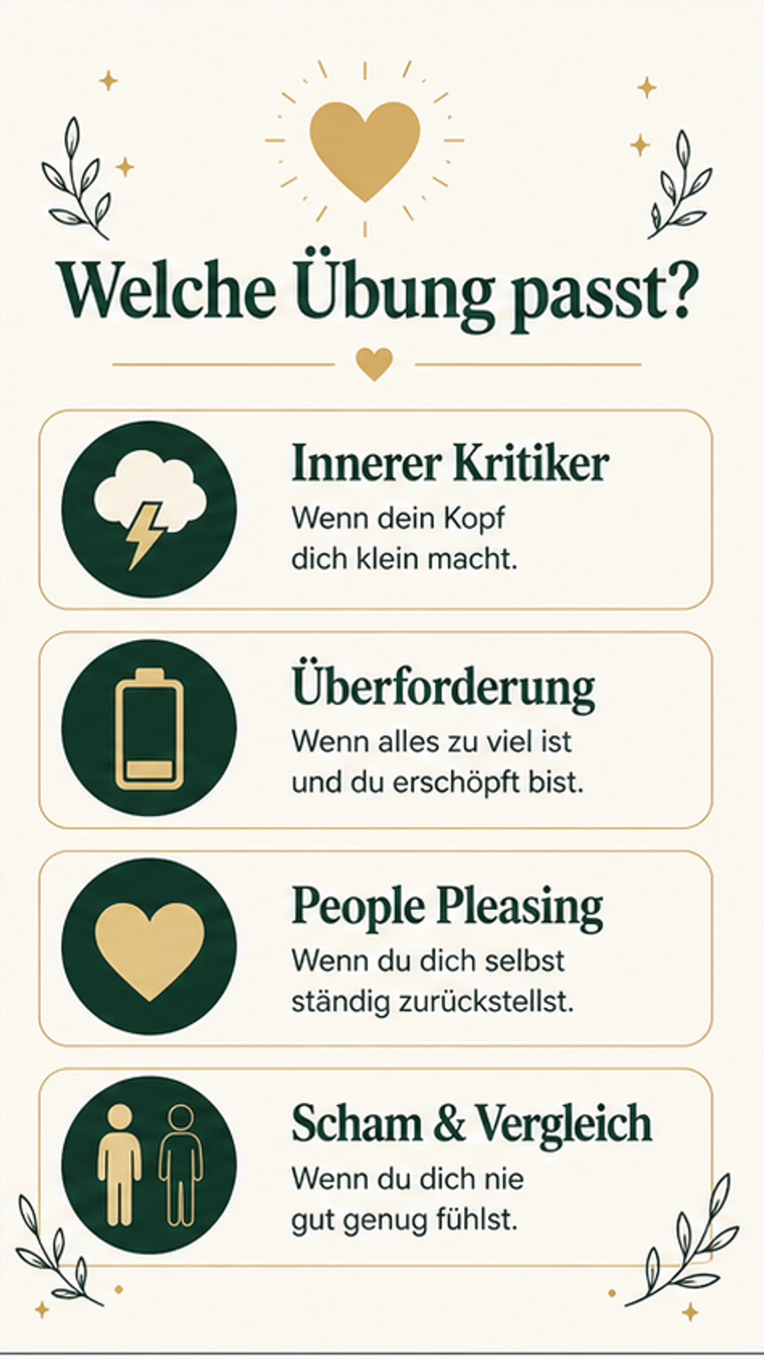 Welche Selbstliebe Übung passt bei innerem Kritiker, Überforderung, People Pleasing, Scham und Vergleich