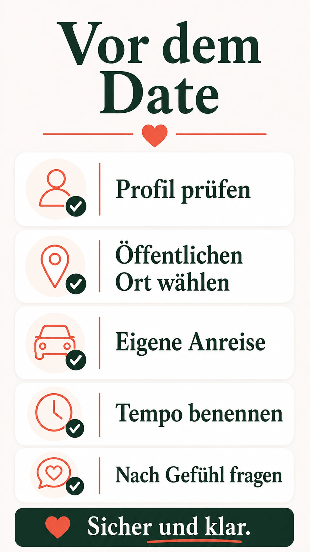 Slow Dating: bewusst daten, sicher bleiben und echte Passung erkennen Checkliste vor dem Slow-Dating-Date