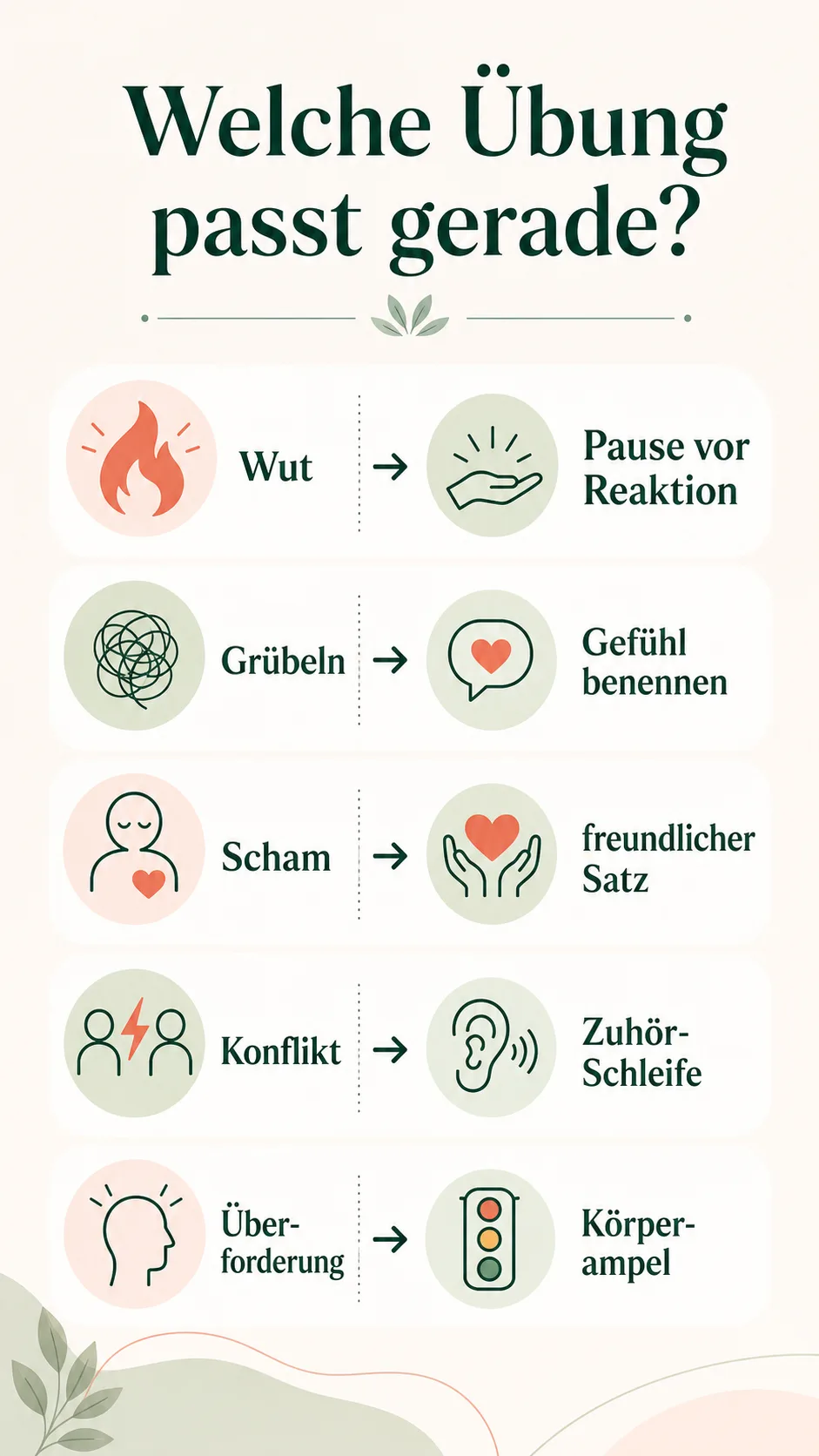 Entscheidungshilfe: Welche Übung bei Wut, Grübeln, Scham, Konflikt und Überforderung passt