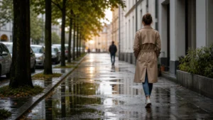 Frau geht nach Regen durch eine ruhige Straße als Symbol für Nachdenken und Karma