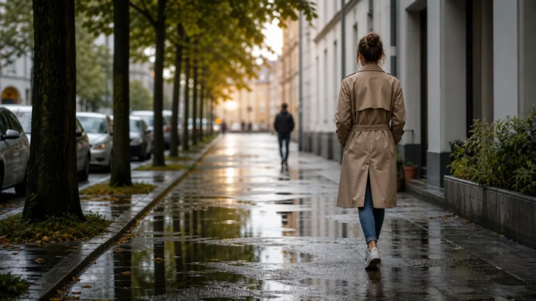 Karma Sprüche: kurz, ehrlich und nachdenklich kopieren Frau geht nach Regen durch eine ruhige Straße als Symbol für Nachdenken und Karma