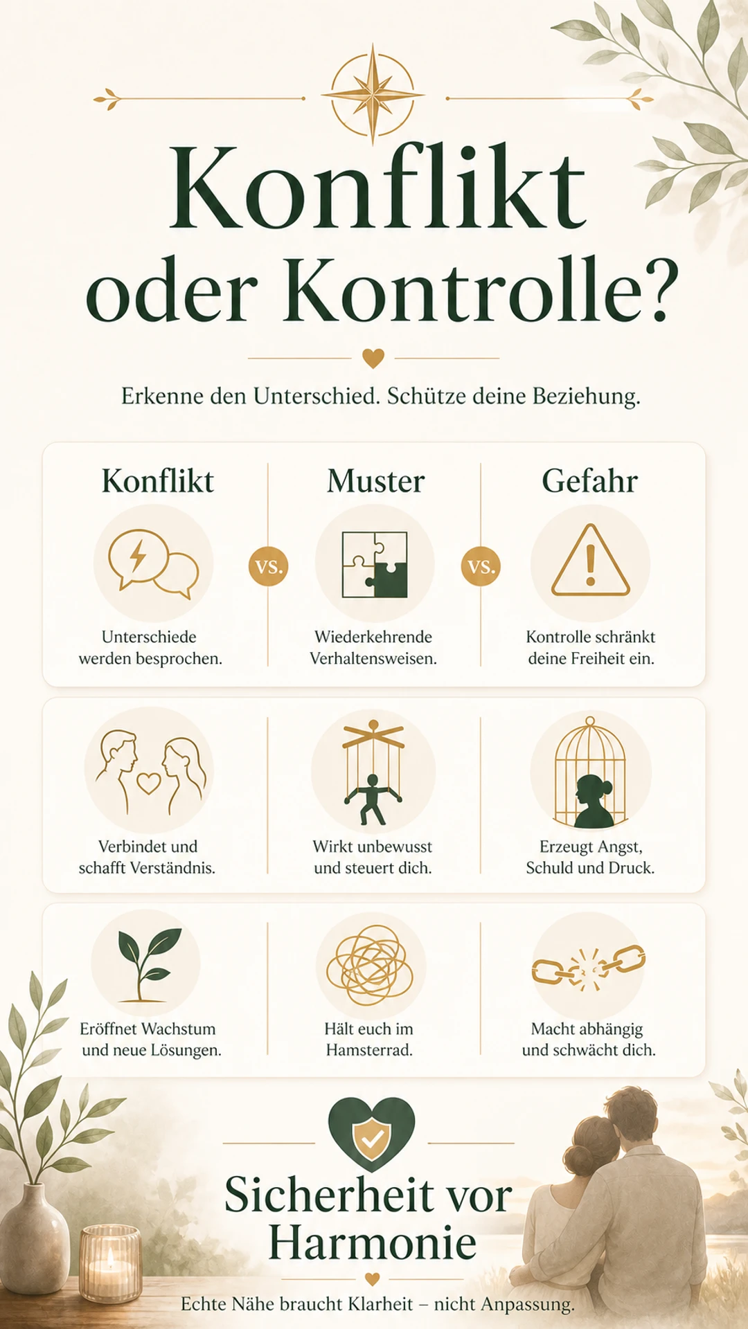 Machtspiele in der Beziehung erkennen: Grenzen setzen ohne Gegenspiel Konflikt oder Kontrolle als Warnzeichen-Infografik
