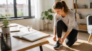 Frau bindet morgens ihre Sportschuhe neben einem Notizbuch als Symbol für Motivation