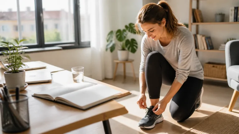 Kurze Motivationssprüche: stark, klar und direkt kopieren Frau bindet morgens ihre Sportschuhe neben einem Notizbuch als Symbol für Motivation