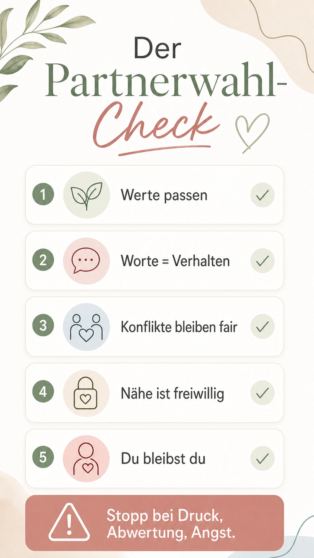 Infografik: Partnerwahl-Check mit Werte passen, Worte gleich Verhalten, Konflikte bleiben fair, Nähe ist freiwillig und Du bleibst du.