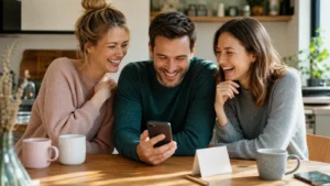 Freunde lachen gemeinsam über eine lustige Nachricht am Tisch