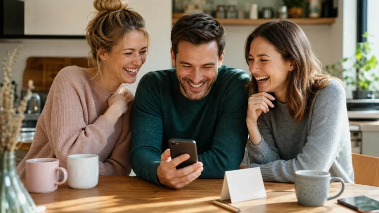 Lustige Sprüche: kurz, frech & für WhatsApp Freunde lachen gemeinsam über eine lustige Nachricht am Tisch