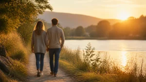 Mit dir an meiner Seite: Sprüche für Liebe und Dankbarkeit Paar geht bei Sonnenuntergang an einem See entlang als Symbol für Verbundenheit