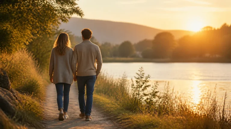 Mit dir an meiner Seite: Sprüche für Liebe und Dankbarkeit Paar geht bei Sonnenuntergang an einem See entlang als Symbol für Verbundenheit