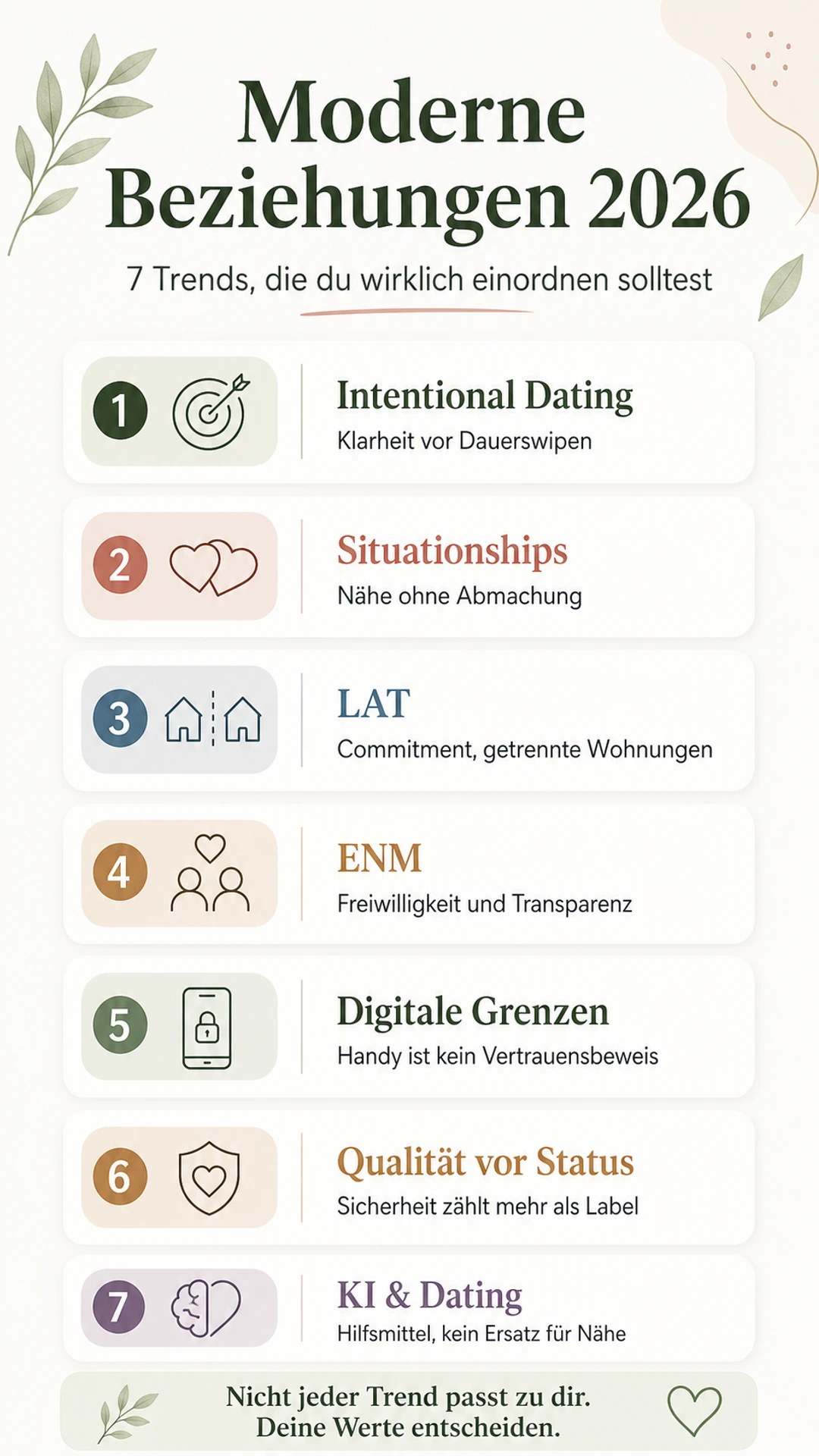 Infografik: Moderne Beziehungen 2026 mit Intentional Dating, Situationships, LAT, ENM, digitalen Grenzen, Qualität vor Status und KI-Dating.
