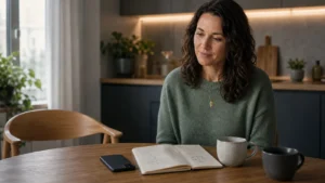 Frau sitzt nachdenklich am Küchentisch mit Handy und Notizbuch als Symbol für moderne Beziehungen 2026