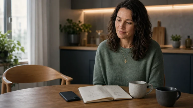 Frau sitzt nachdenklich am Küchentisch mit Handy und Notizbuch als Symbol für moderne Beziehungen 2026