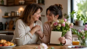 Mutter und Tochter sitzen mit Blumen am Küchentisch als liebevolles Symbol für Muttertagssprüche