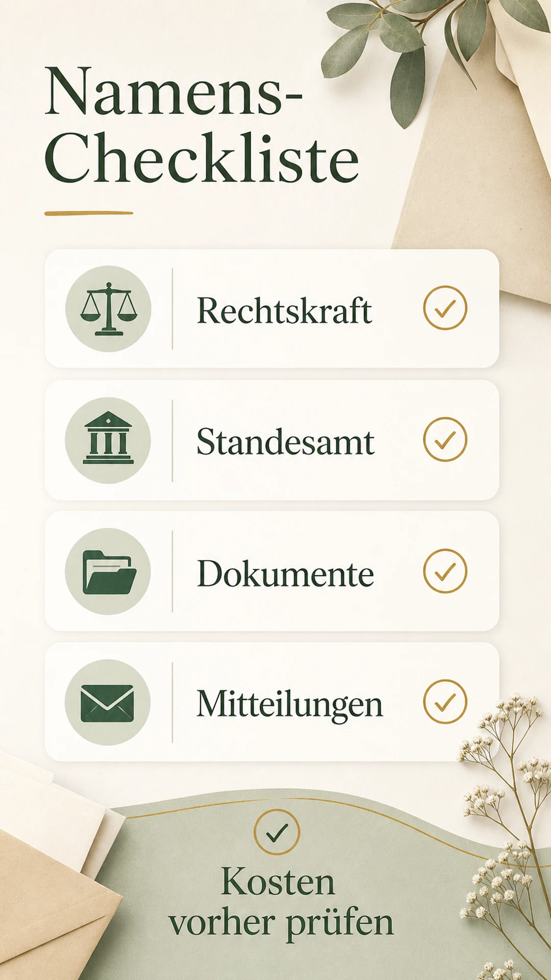 Namensänderung nach der Scheidung: 5 Gründe und was du vorher klären solltest Namensentscheidung nach Scheidung als Checklisten-Infografik