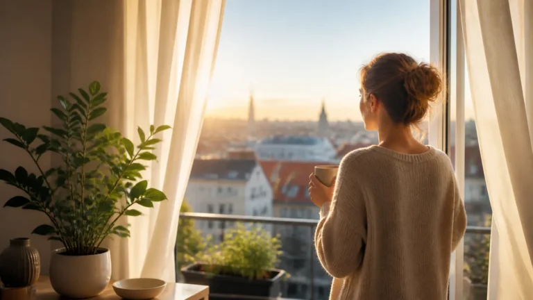 Optimismus Sprüche: kurz, positiv und stärkend kopieren Frau blickt morgens aus dem Fenster ins Licht als Symbol für Optimismus und Zuversicht