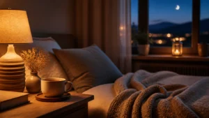 Ruhiges Schlafzimmer mit warmer Lampe und Tee am Abend als Symbol für Gute-Nacht-Sprüche