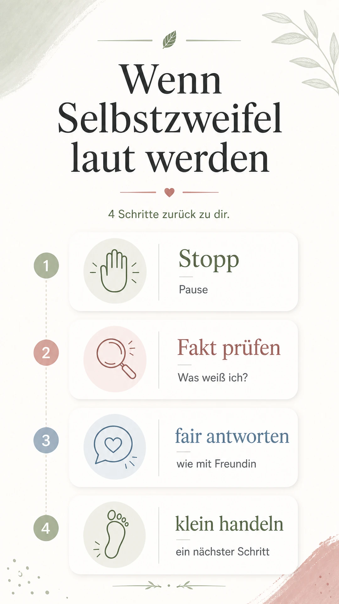 Vier Schritte bei lauten Selbstzweifeln: Stopp, Fakt prüfen, fair antworten und klein handeln