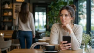Frau schaut nachdenklich auf ein Handy in einem Café als Symbol für falsche Freunde