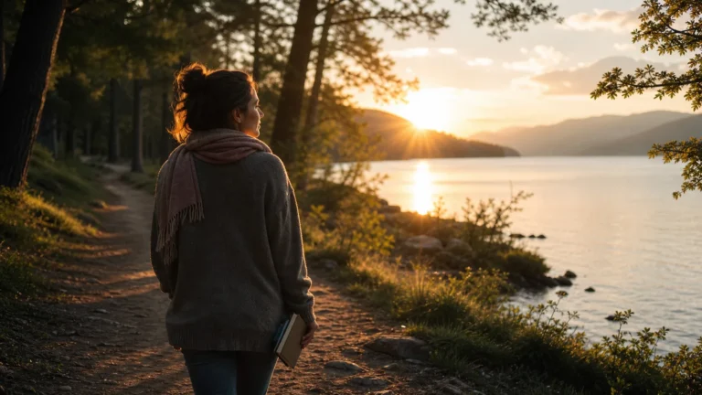 Frau geht bei Sonnenaufgang an einem See entlang als Symbol für Lebenssprüche und neue Perspektiven