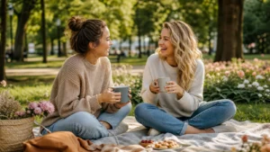 Zwei Freundinnen sitzen im Park und lachen natürlich als Symbol für echte Freundschaft