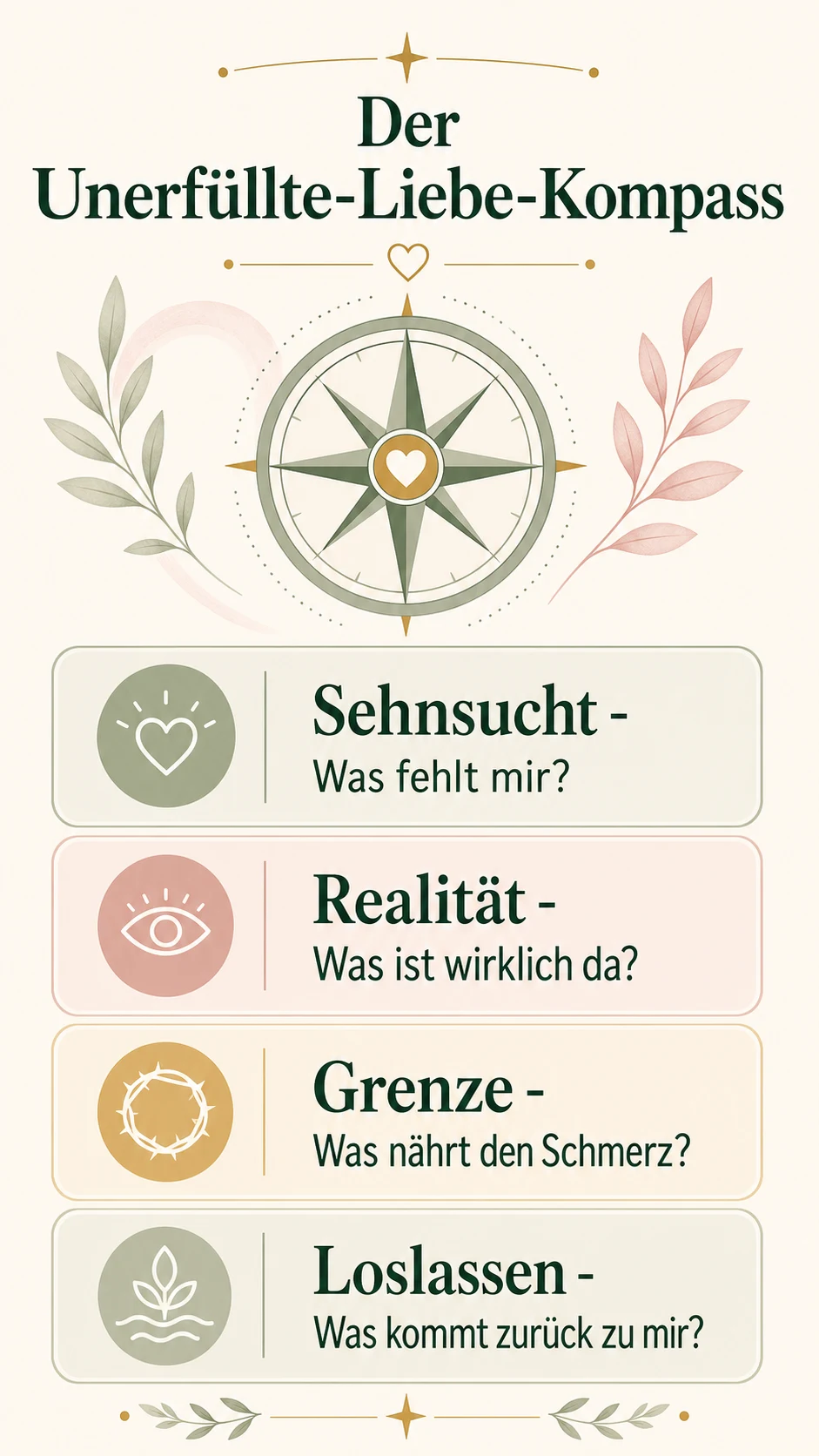 Unerfüllte Liebe endet nie? Warum sie bleibt und wie du freier wirst Der Unerfüllte-Liebe-Kompass als helle Infografik