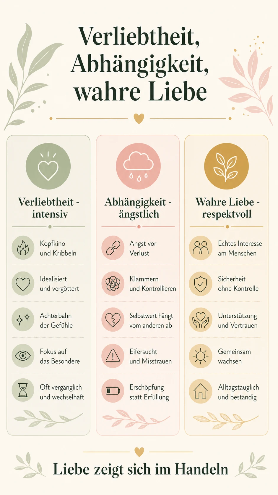 Verliebtheit Abhängigkeit und wahre Liebe als helle Vergleichsgrafik