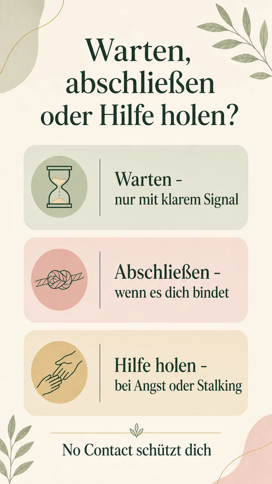 Denkt er an mich trotz Kontaktabbruch? Was du wissen kannst und was nicht Warten, abschließen oder Hilfe holen als Ampelgrafik