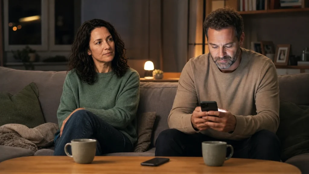 Mara fühlt sich auf dem Sofa durch die Handynutzung ihres Partners übergangen