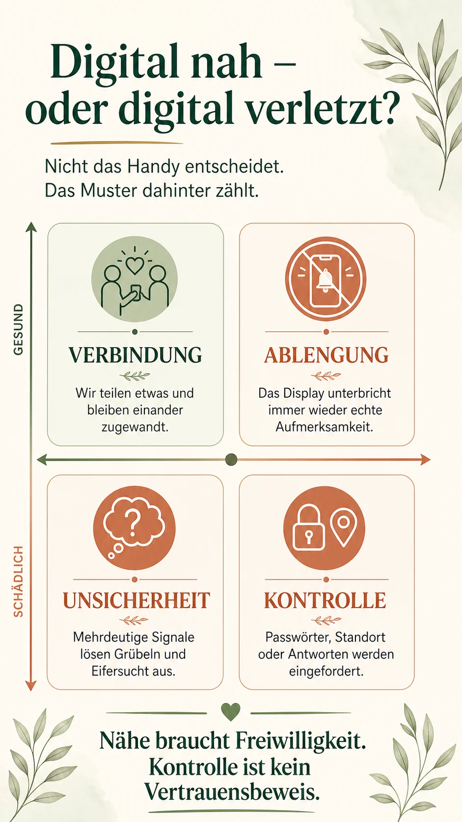 Handy & Social Media in der Beziehung: 5 faire Regeln Vier-Zonen-Modell für digitale Beziehungen: Verbindung, Ablenkung, Unsicherheit und Kontrolle