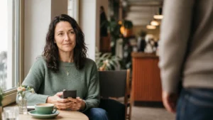 Mara begegnet nach einem Tinder-Match einem echten Date im Café