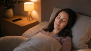 Mara entspannt am Abend in einem ruhigen Schlafzimmer