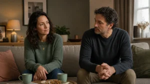 Wenn die Liebe erkaltet: Was Distanz bedeutet – und was jetzt hilft Mara und ihr Partner sitzen mit spürbarer Distanz auf dem Sofa