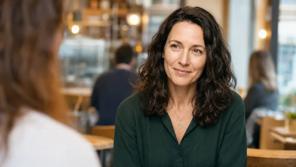 Mara hört in einem Café mit warmer klarer Präsenz zu