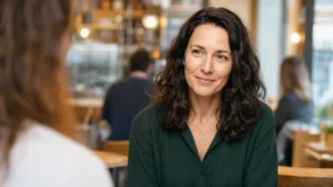 Anziehungskraft ist kein Zufall: Ausstrahlung ohne Spielchen Mara hört in einem Café mit warmer klarer Präsenz zu