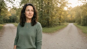 Mara steht an einer ruhigen Weggabelung und sucht Klarheit