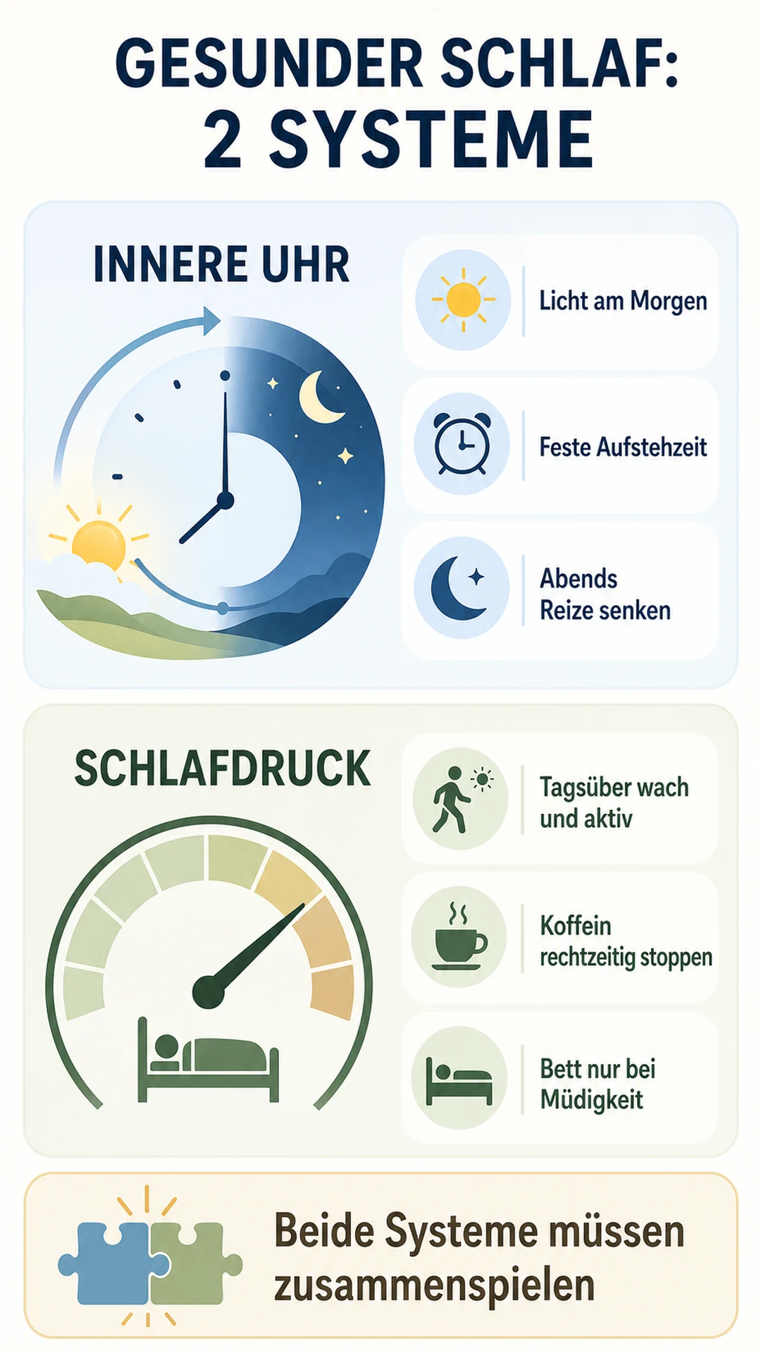 Infografik: Innere Uhr und Schlafdruck als zwei Systeme für gesunden Schlaf