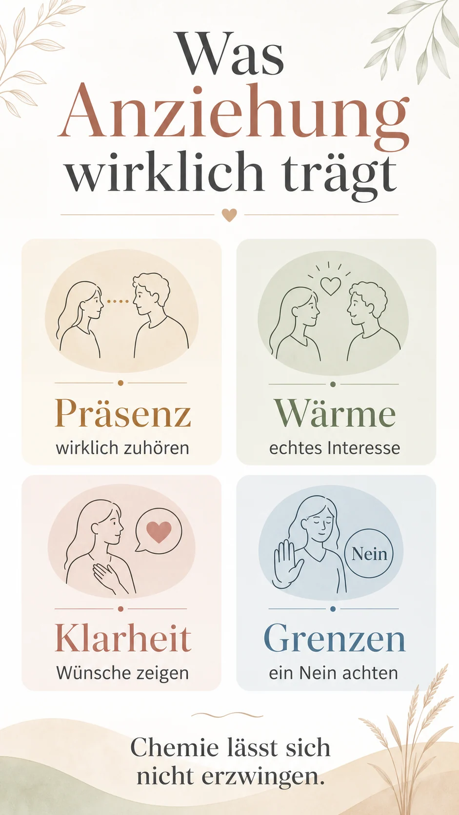 Vier Säulen authentischer Anziehung: Präsenz, Wärme, Klarheit und Grenzen