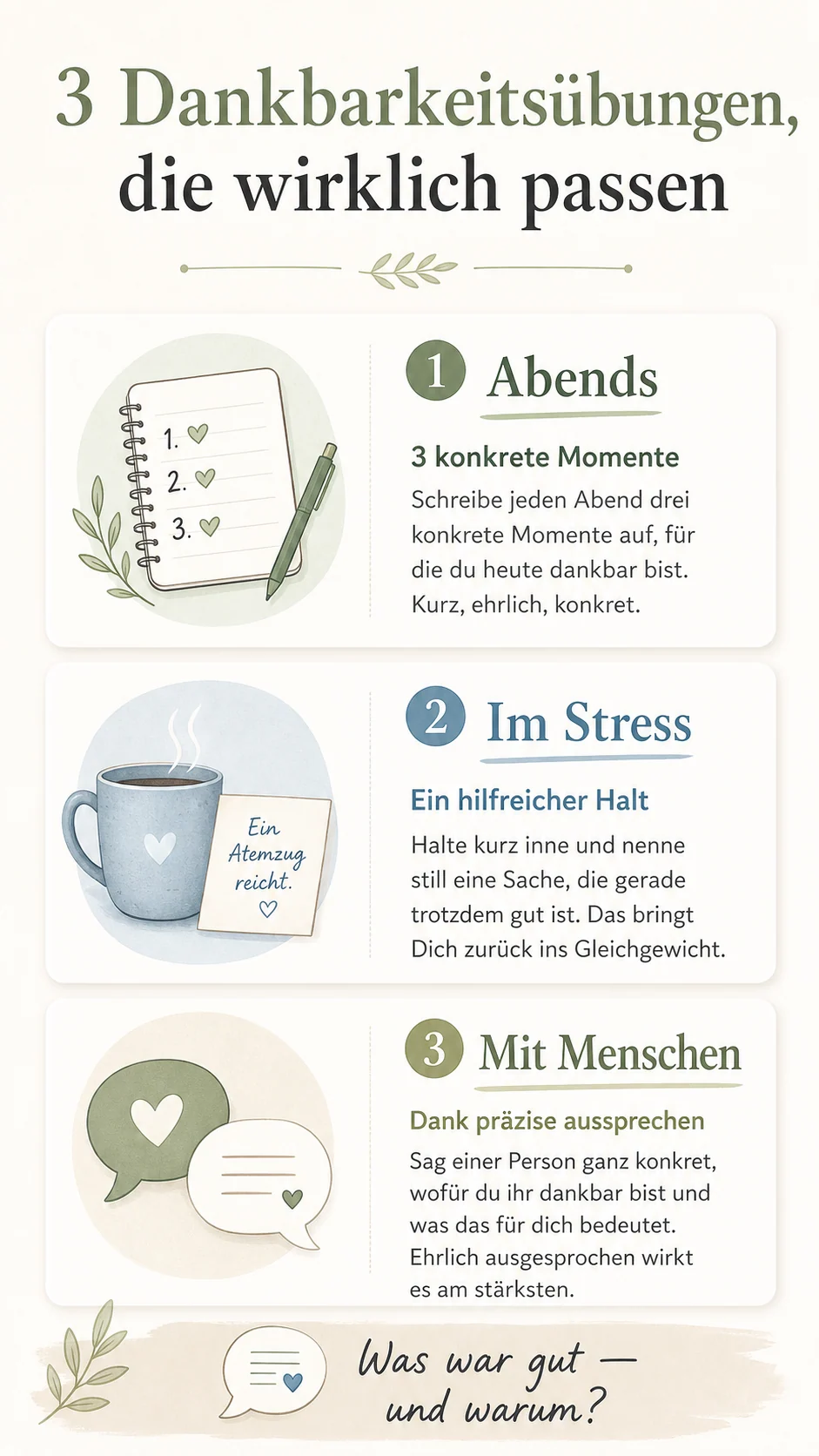 Drei passende Dankbarkeitsübungen für Abend, Stress und Beziehungen