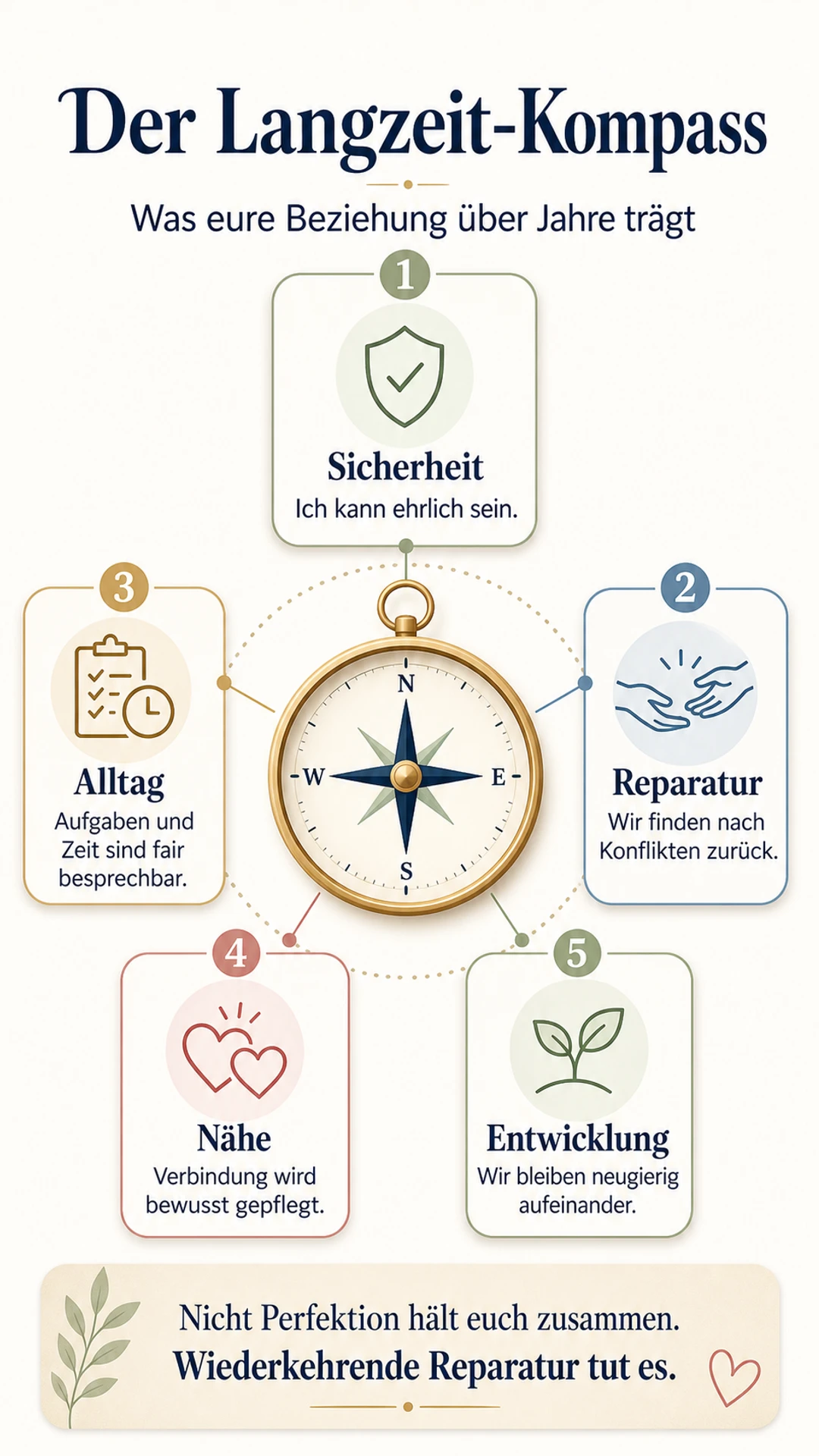 Infografik: Langzeit-Kompass mit Sicherheit, Reparatur, Alltag, Nähe und Entwicklung
