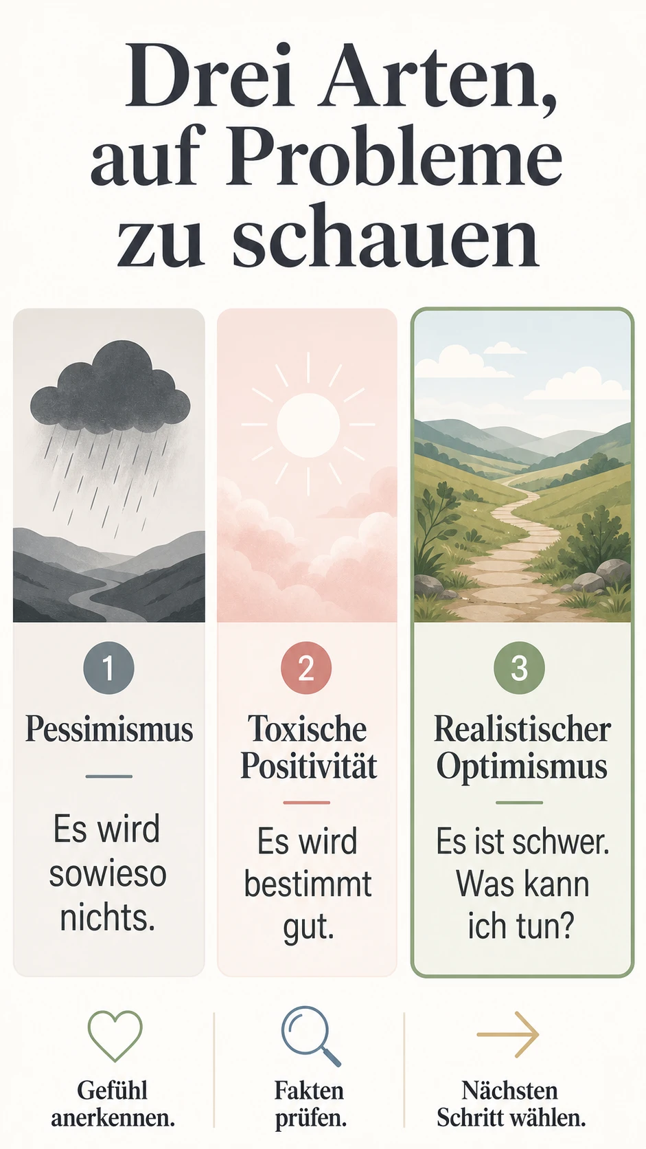 Pessimismus, toxische Positivität und realistischer Optimismus im Vergleich