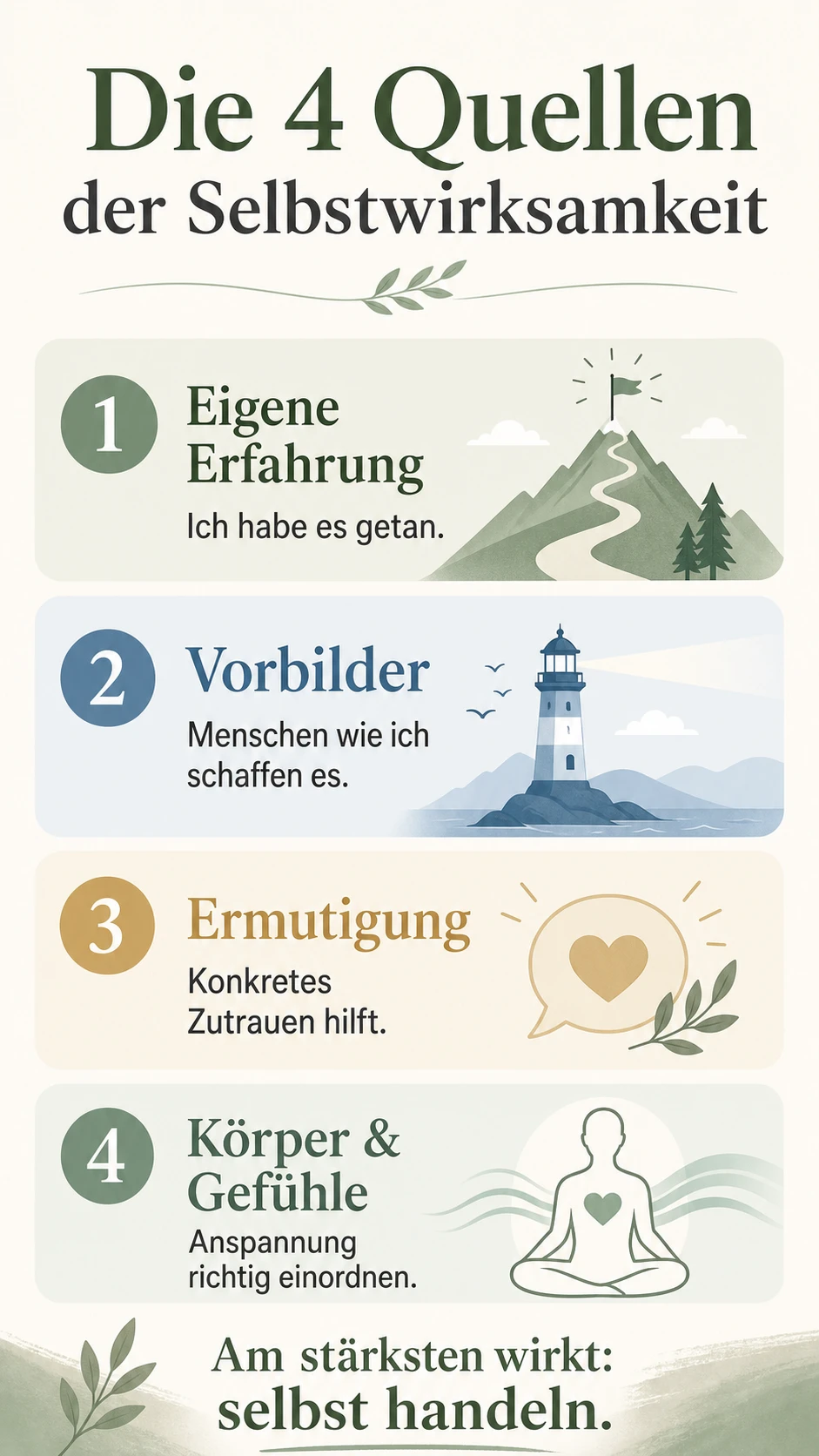 Die vier Quellen der Selbstwirksamkeit: eigene Erfahrung, Vorbilder, Ermutigung sowie Körper und Gefühle