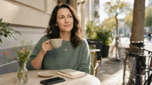 Mara sitzt entspannt im Café, während das Smartphone bewusst ungenutzt auf dem Tisch liegt